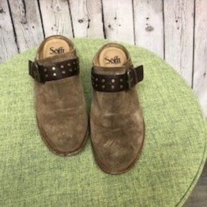 Sofft brown suede leather clogs with buckle detail. Size 8